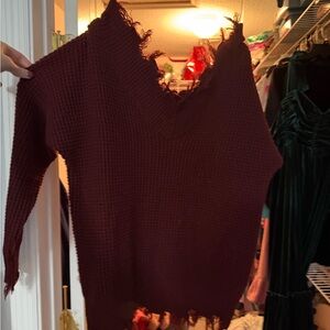 Zenana Outfitters Maroon V-Neck Distressed Sweater